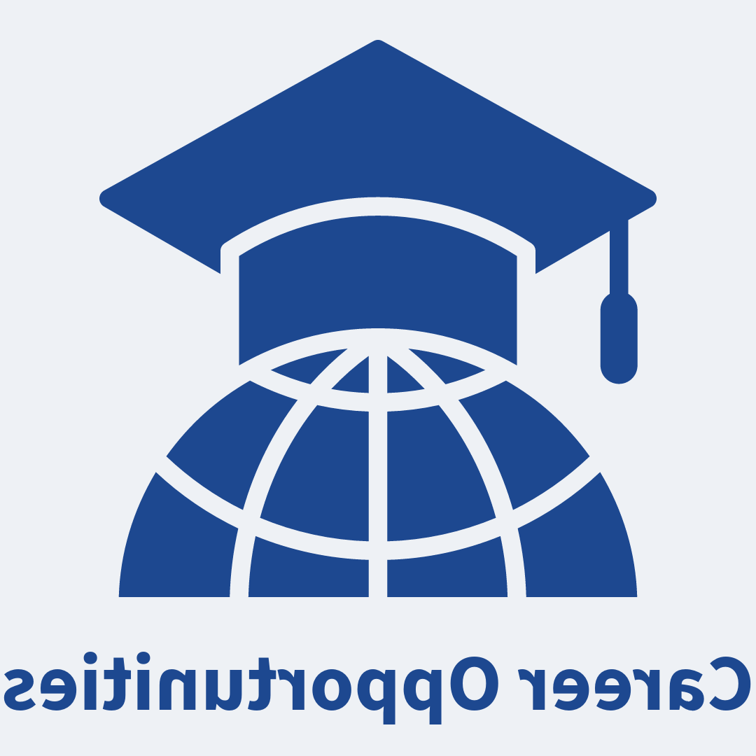 A graphic of a globe wearing a graduation cap that says career opportunities. 所有的图像和文字都是圣母蓝. 